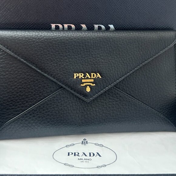 Prada Envelope clutch in Black & Gold includes box & authenticity cards shown - Picture 9 of 9